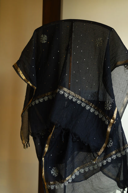 Black Kota Chikankari Mukaish Kamdani Dupatta With Tissue Border