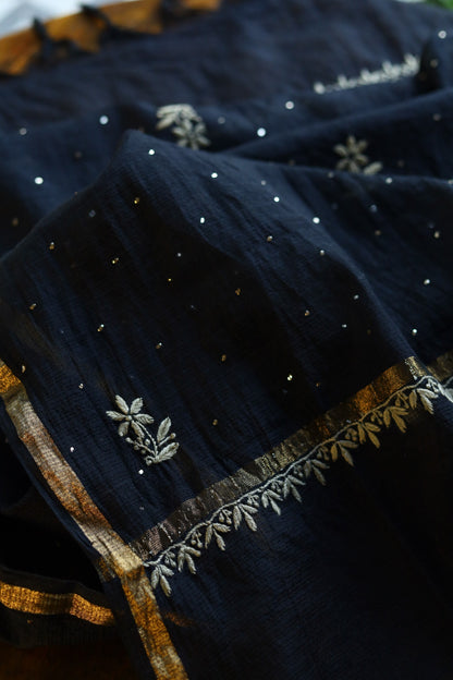 Black Kota Chikankari Mukaish Kamdani Dupatta With Tissue Border