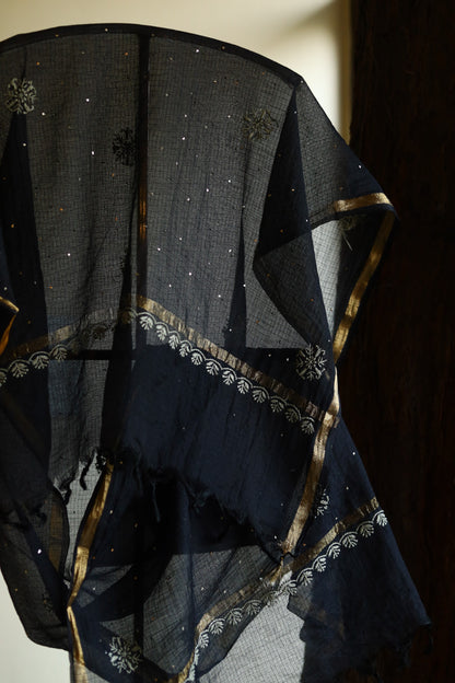Black Kota Chikankari Mukaish Kamdani Dupatta With Tissue Border