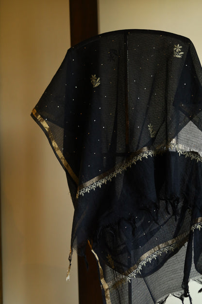 Black Kota Chikankari Mukaish Kamdani Dupatta With Tissue Border