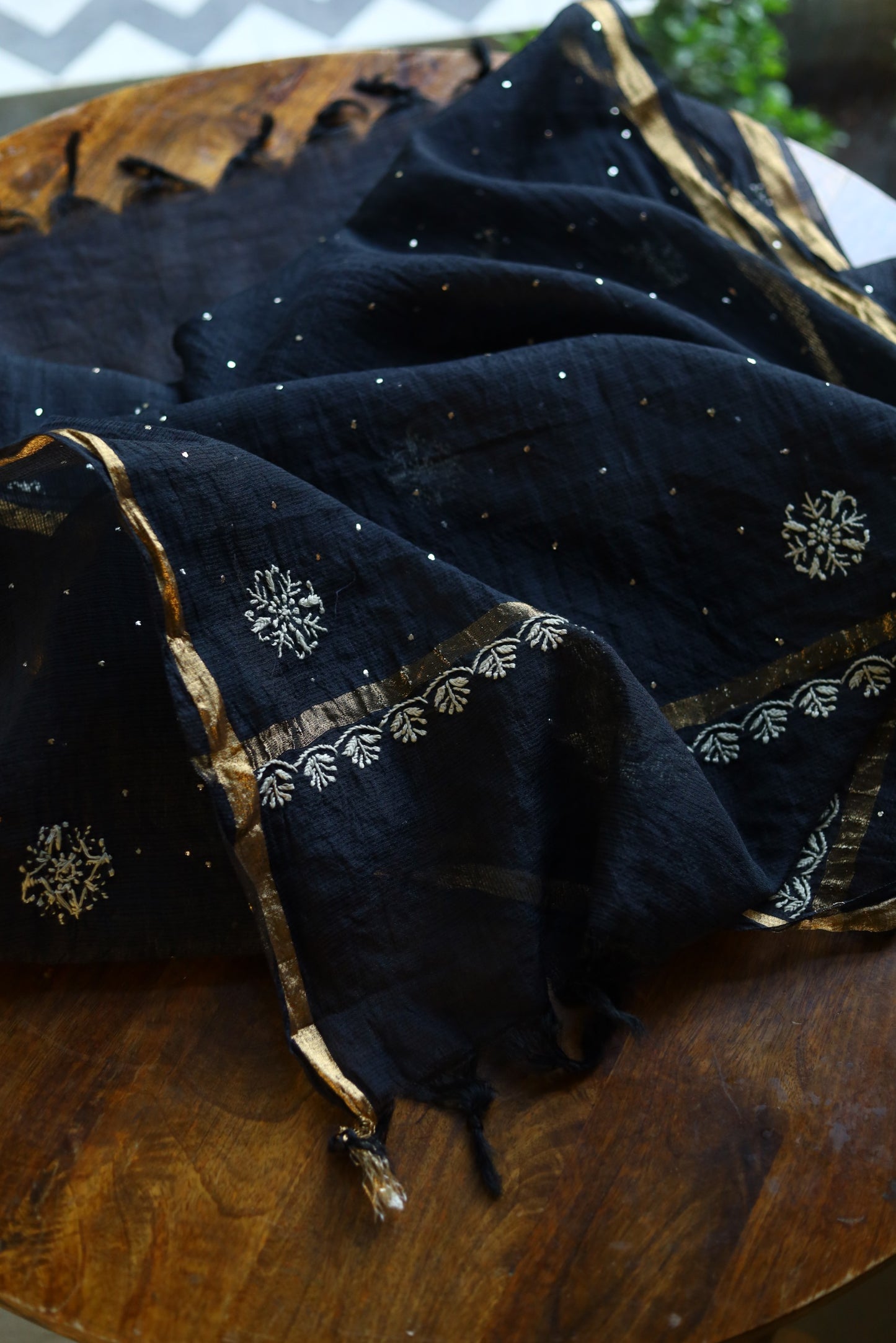 Black Kota Chikankari Mukaish Kamdani Dupatta With Tissue Border