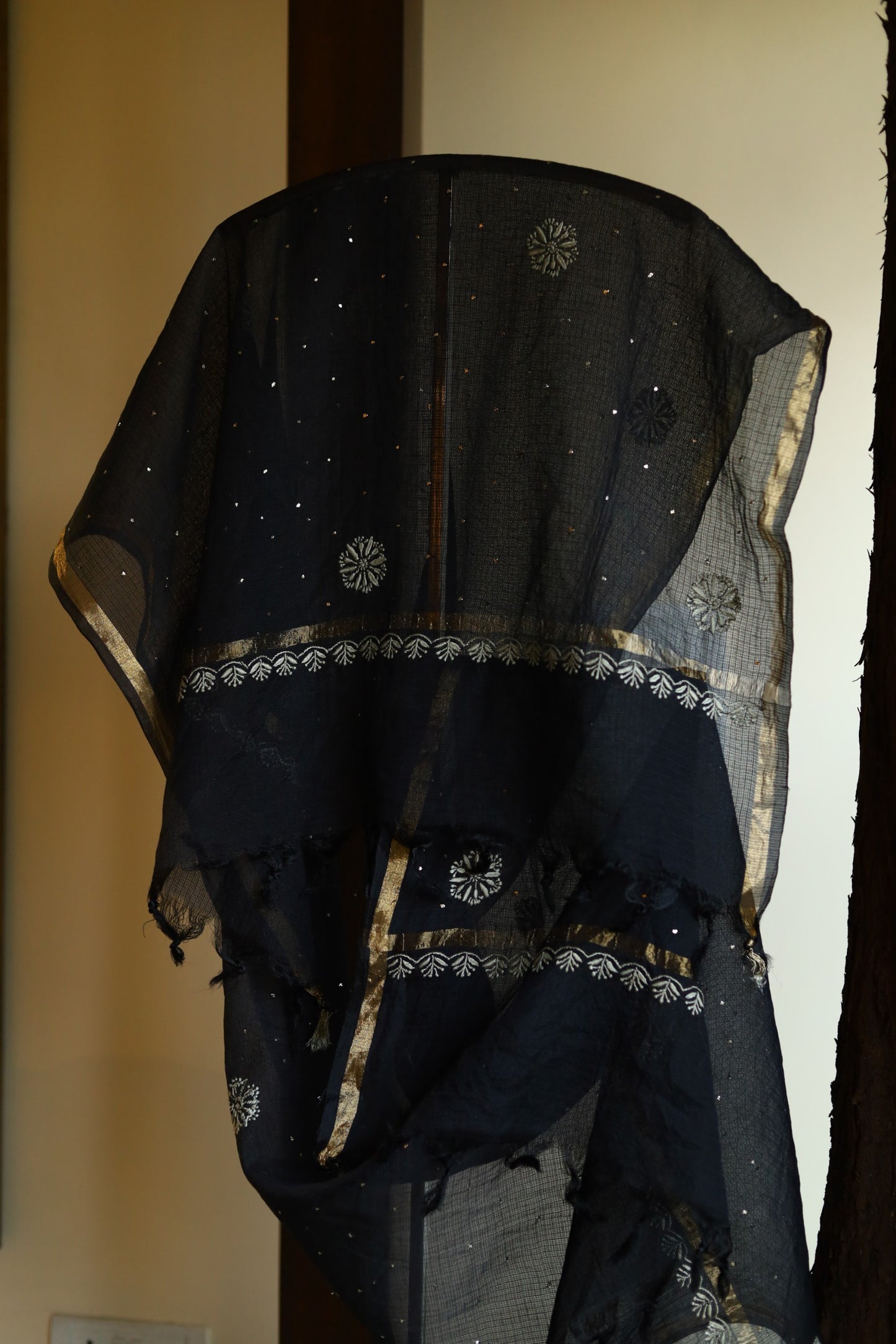 Black Kota Chikankari Mukaish Kamdani Dupatta With Tissue Border