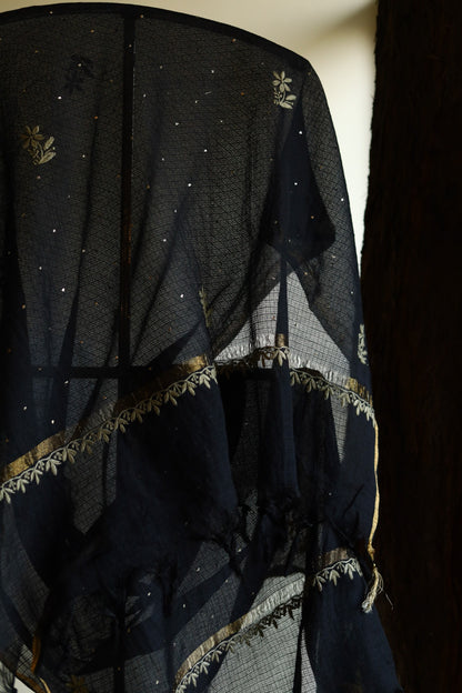 Black Kota Chikankari Mukaish Kamdani Dupatta With Tissue Border