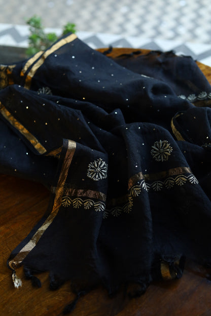 Black Kota Chikankari Mukaish Kamdani Dupatta With Tissue Border