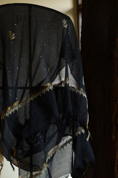 Black Kota Chikankari Mukaish Kamdani Dupatta With Tissue Border