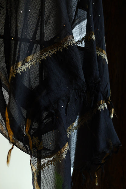 Black Kota Chikankari Mukaish Kamdani Dupatta With Tissue Border