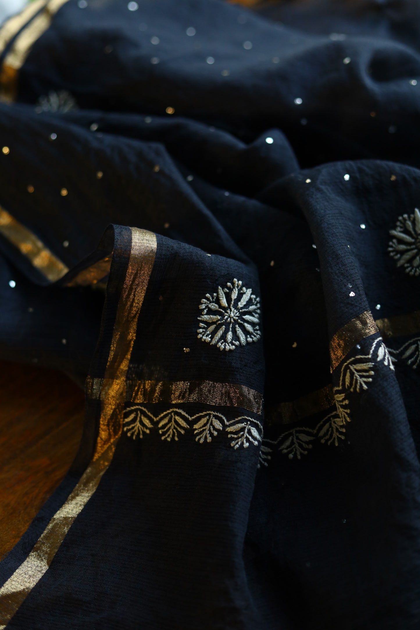 Black Kota Chikankari Mukaish Kamdani Dupatta With Tissue Border