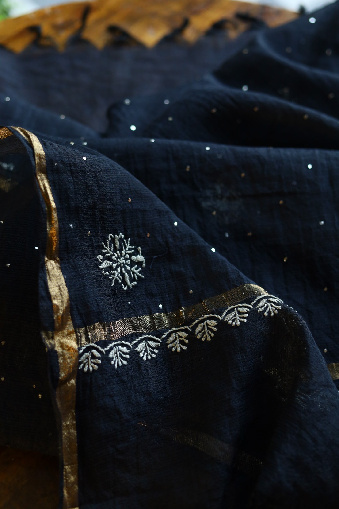 Black Kota Chikankari Mukaish Kamdani Dupatta With Tissue Border