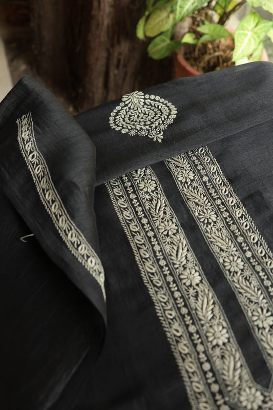 Black Linen Chikankari Unstitched Men's Kurtas Fabric