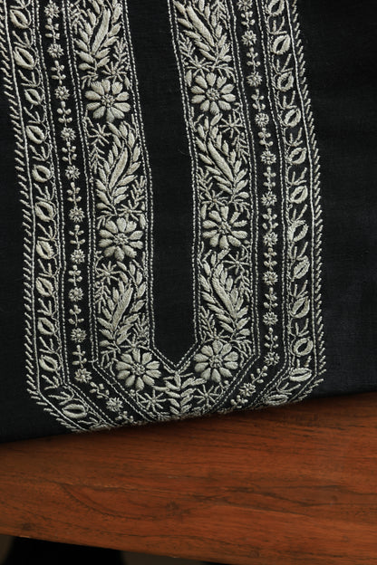 Black Linen Chikankari Unstitched Men's Kurtas Fabric