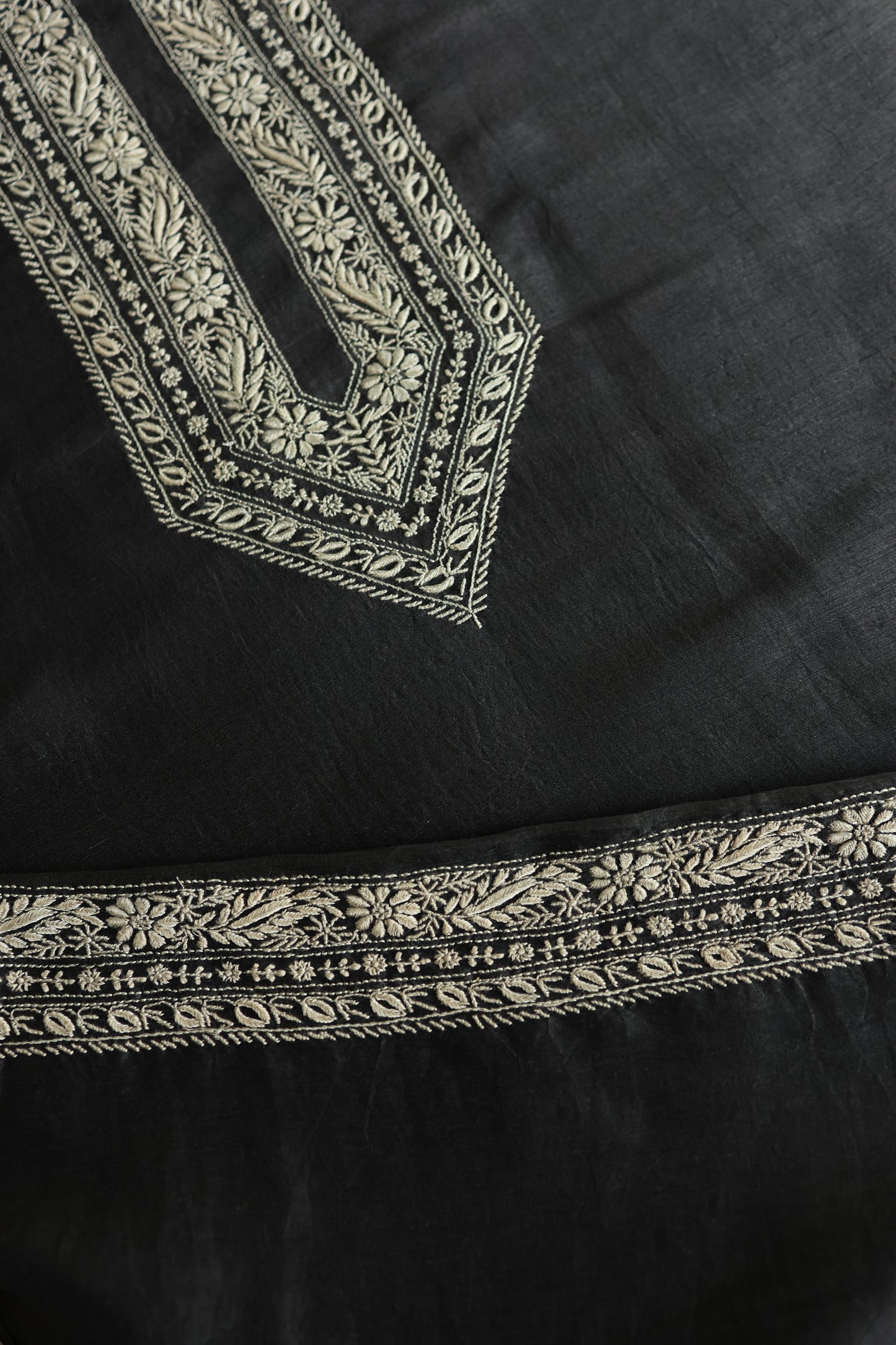 Black Linen Chikankari Unstitched Men's Kurtas Fabric