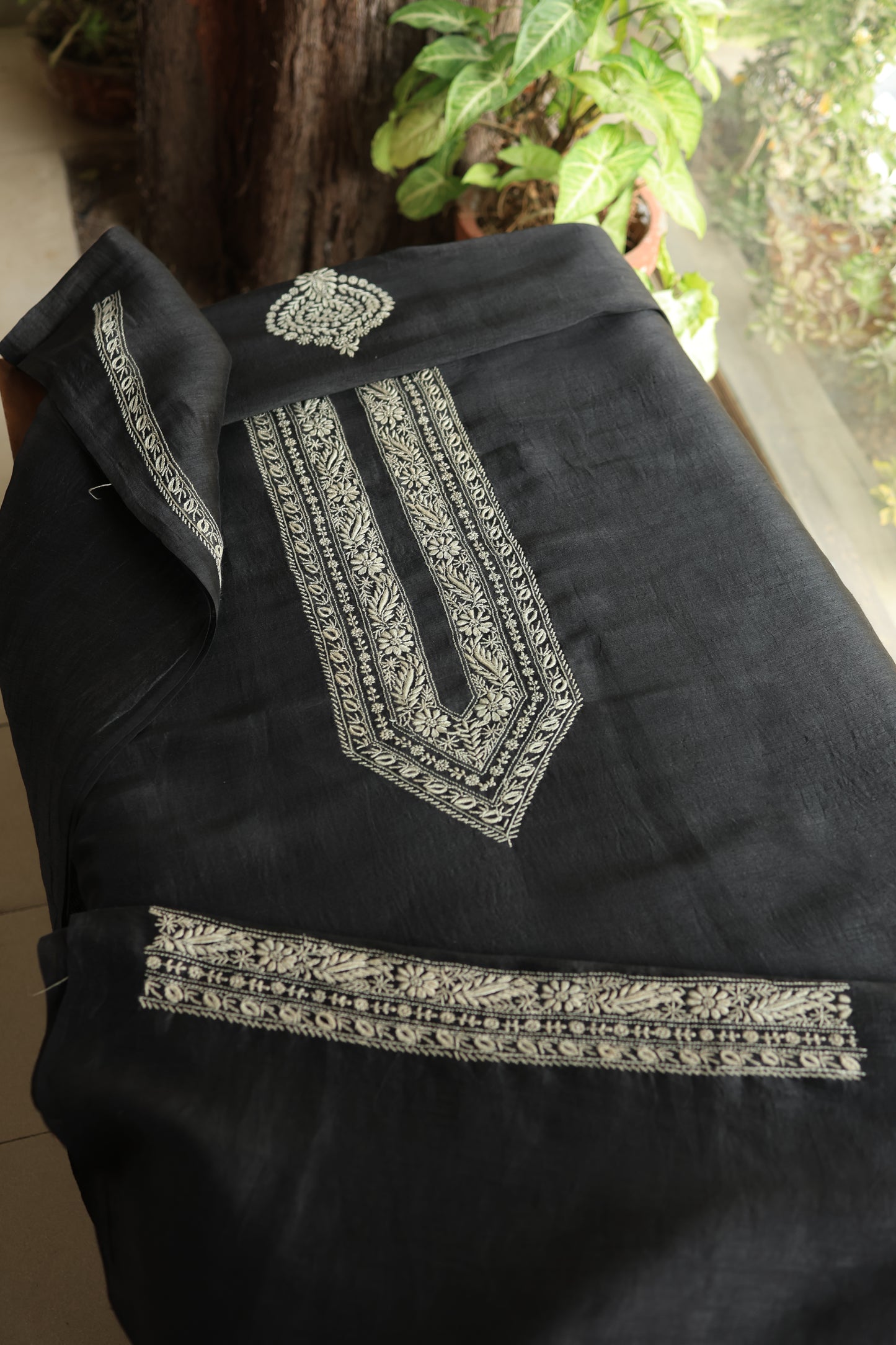 Black Linen Chikankari Unstitched Men's Kurtas Fabric
