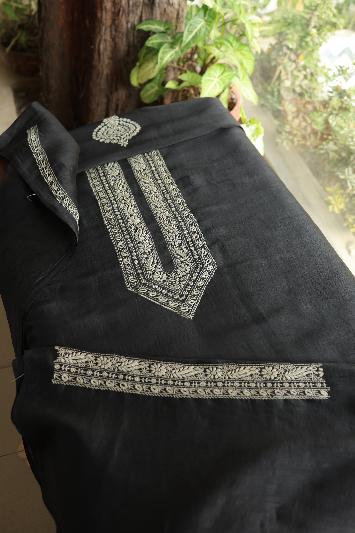 Black Linen Chikankari Unstitched Men's Kurtas Fabric