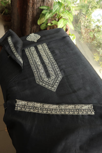 Black Linen Chikankari Unstitched Men's Kurtas Fabric