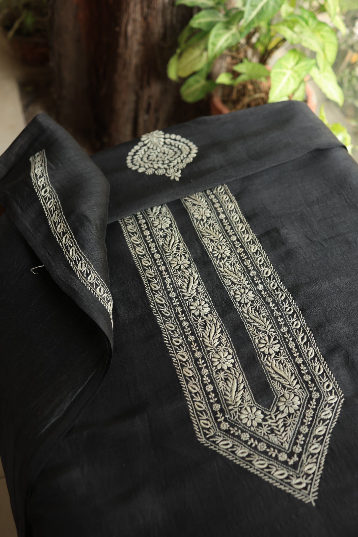Black Linen Chikankari Unstitched Men's Kurtas Fabric