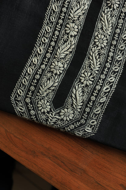 Black Linen Chikankari Unstitched Men's Kurtas Fabric