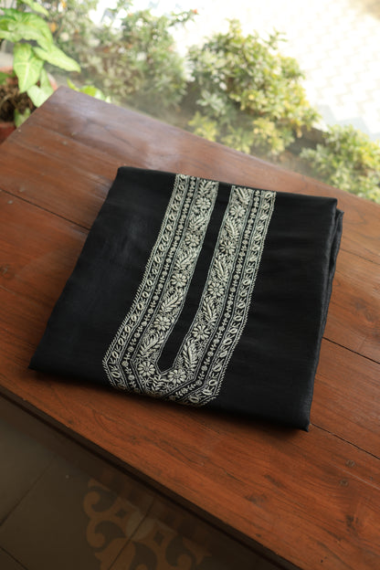 Black Linen Chikankari Unstitched Men's Kurtas Fabric