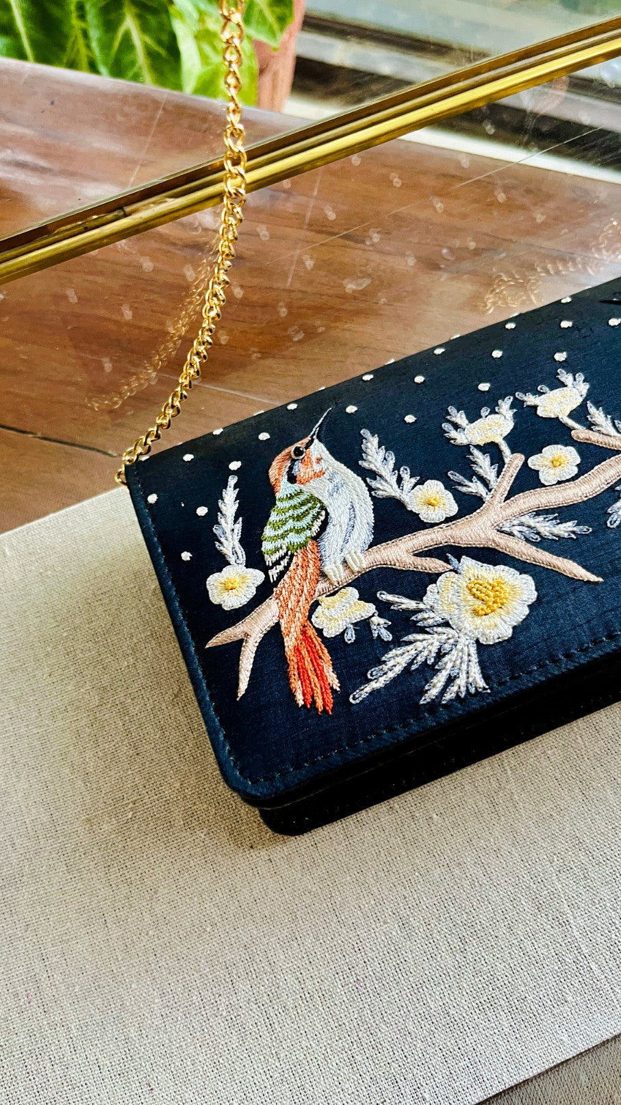 Black Linen Silk Bird Motif Resham Thread Emroidery Handle Sling Clutch