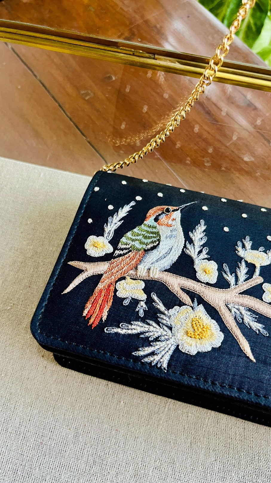 Black Linen Silk Bird Motif Resham Thread Emroidery Handle Sling Clutch
