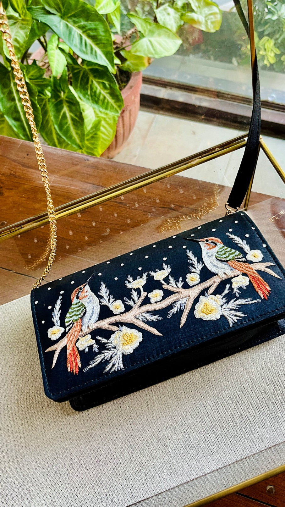 Black Linen Silk Bird Motif Resham Thread Emroidery Handle Sling Clutch