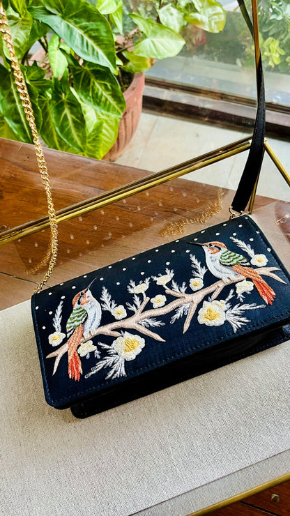 Black Linen Silk Bird Motif Resham Thread Emroidery Handle Sling Clutch