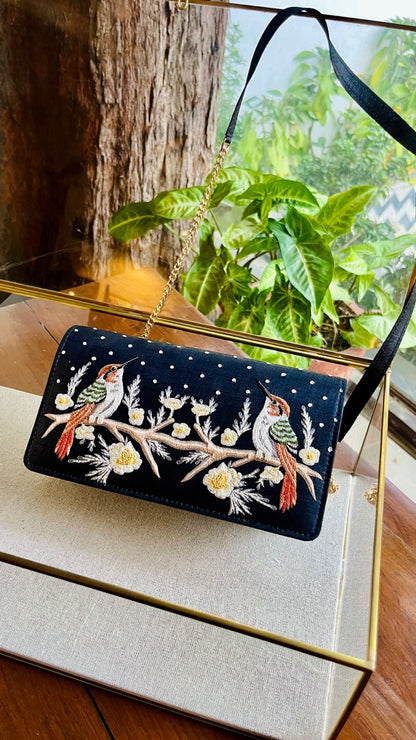 Black Linen Silk Bird Motif Resham Thread Emroidery Handle Sling Clutch