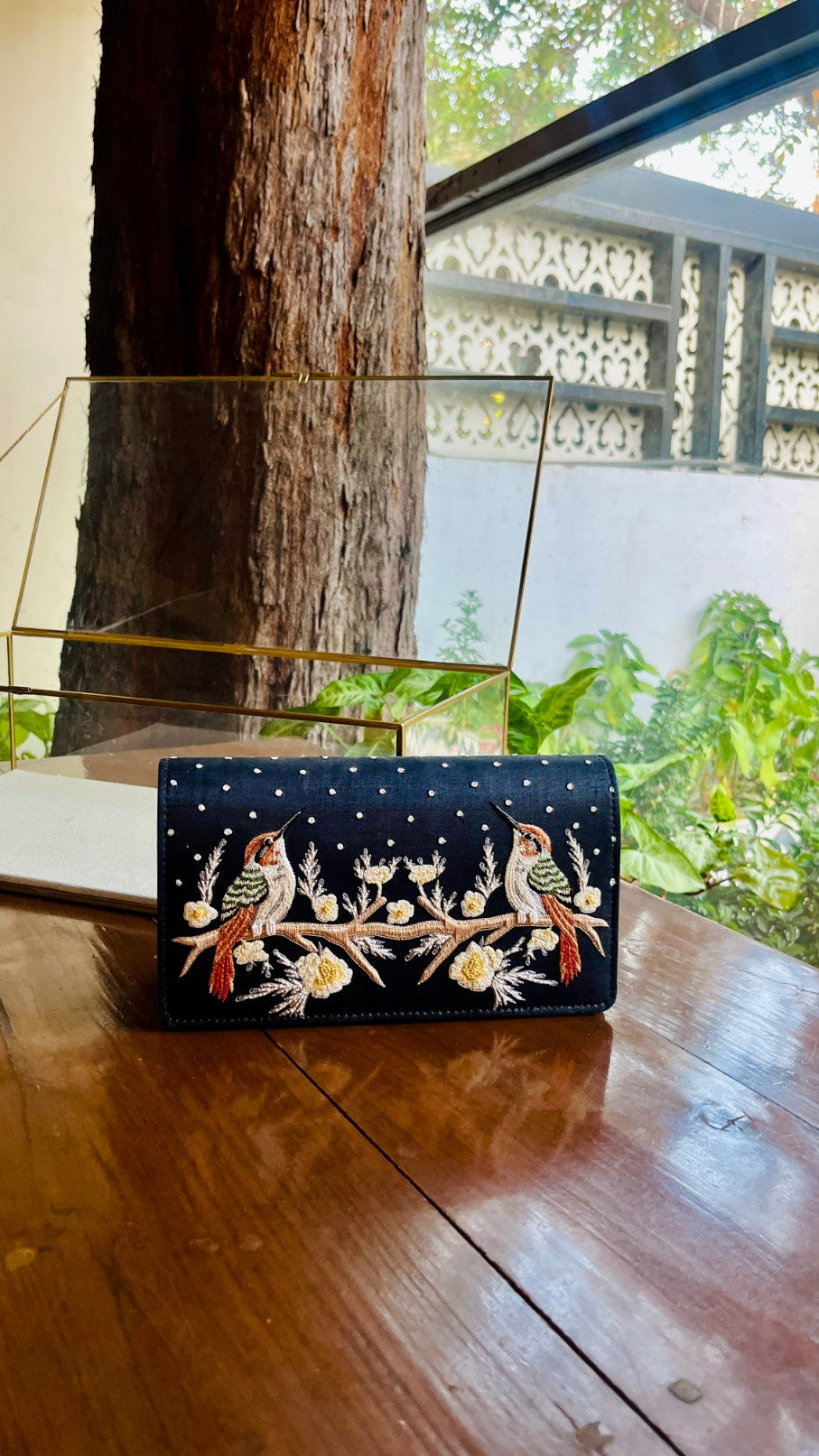 Black Linen Silk Bird Motif Resham Thread Emroidery Handle Sling Clutch