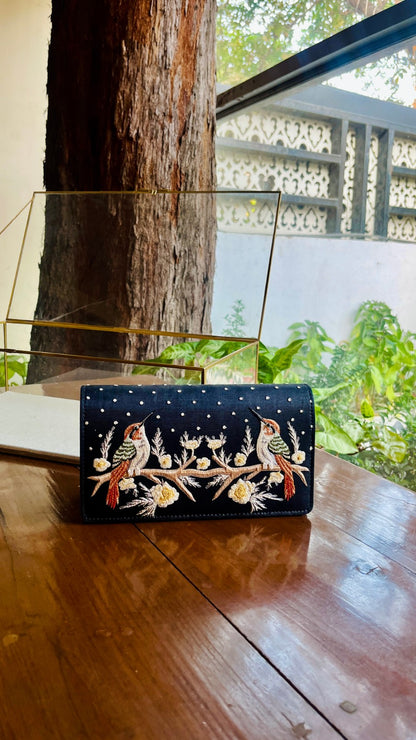 Black Linen Silk Bird Motif Resham Thread Emroidery Handle Sling Clutch
