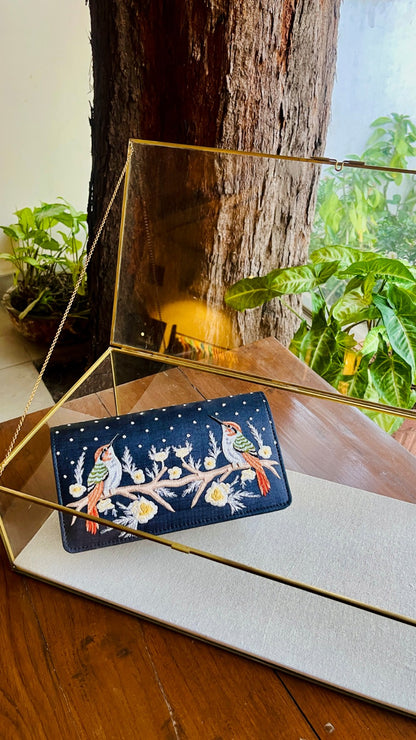 Black Linen Silk Bird Motif Resham Thread Emroidery Handle Sling Clutch