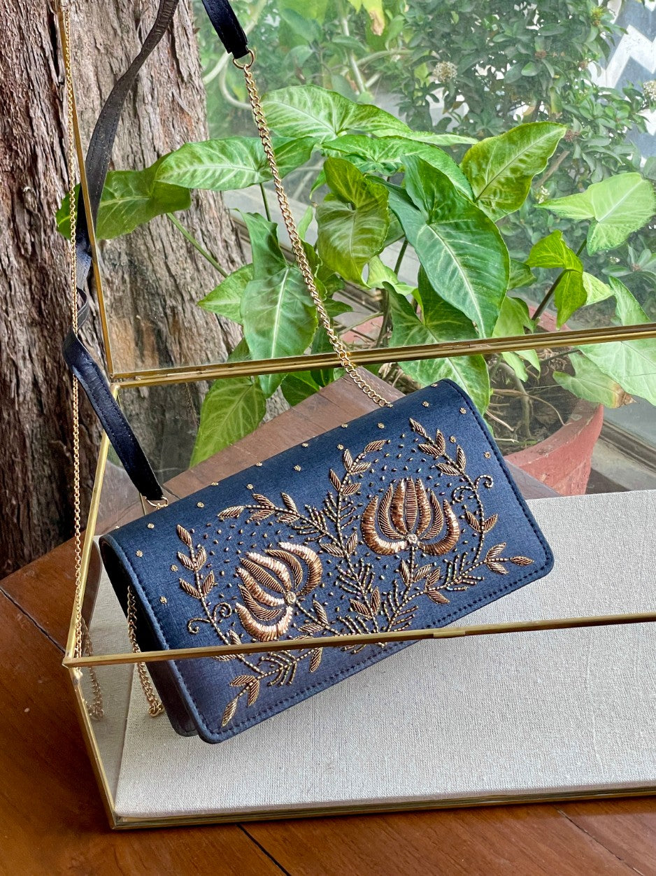 Dark Grey Blue Linen Silk Lotus Motif Resham Thread Emroidery Handle Sling Clutch