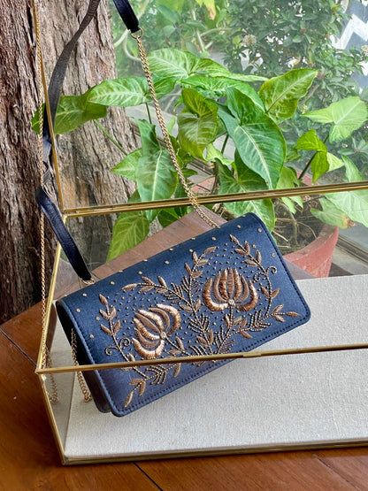 Dark Grey Blue Linen Silk Lotus Motif Resham Thread Emroidery Handle Sling Clutch