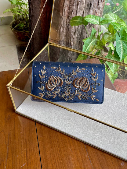Dark Grey Blue Linen Silk Lotus Motif Resham Thread Emroidery Handle Sling Clutch