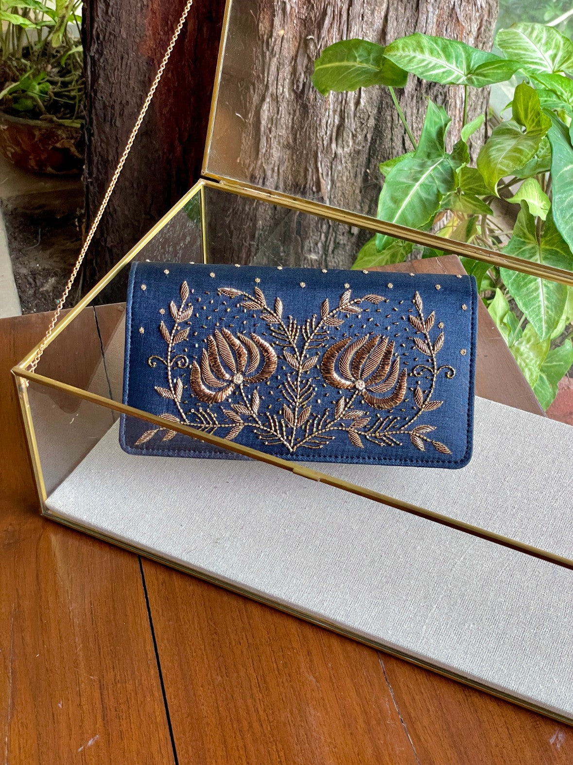 Dark Grey Blue Linen Silk Lotus Motif Resham Thread Emroidery Handle Sling Clutch