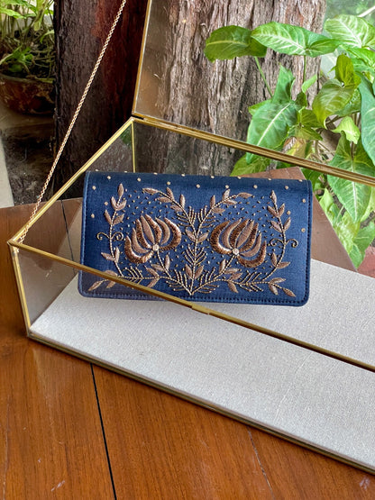 Dark Grey Blue Linen Silk Lotus Motif Resham Thread Emroidery Handle Sling Clutch