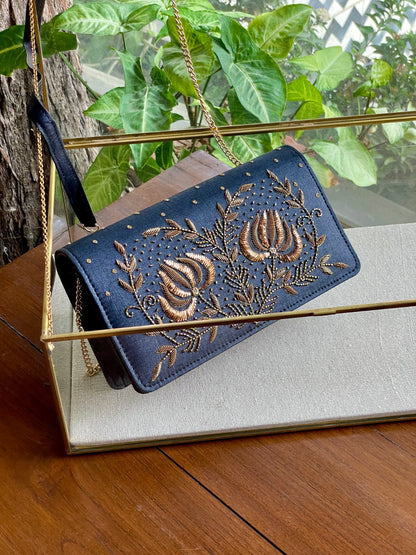 Dark Grey Blue Linen Silk Lotus Motif Resham Thread Emroidery Handle Sling Clutch