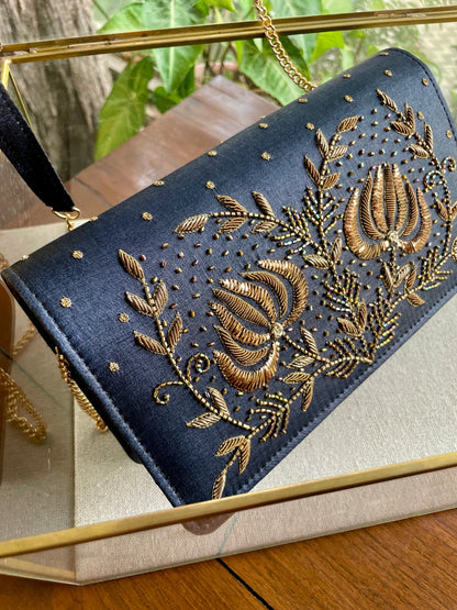 Dark Grey Blue Linen Silk Lotus Motif Resham Thread Emroidery Handle Sling Clutch