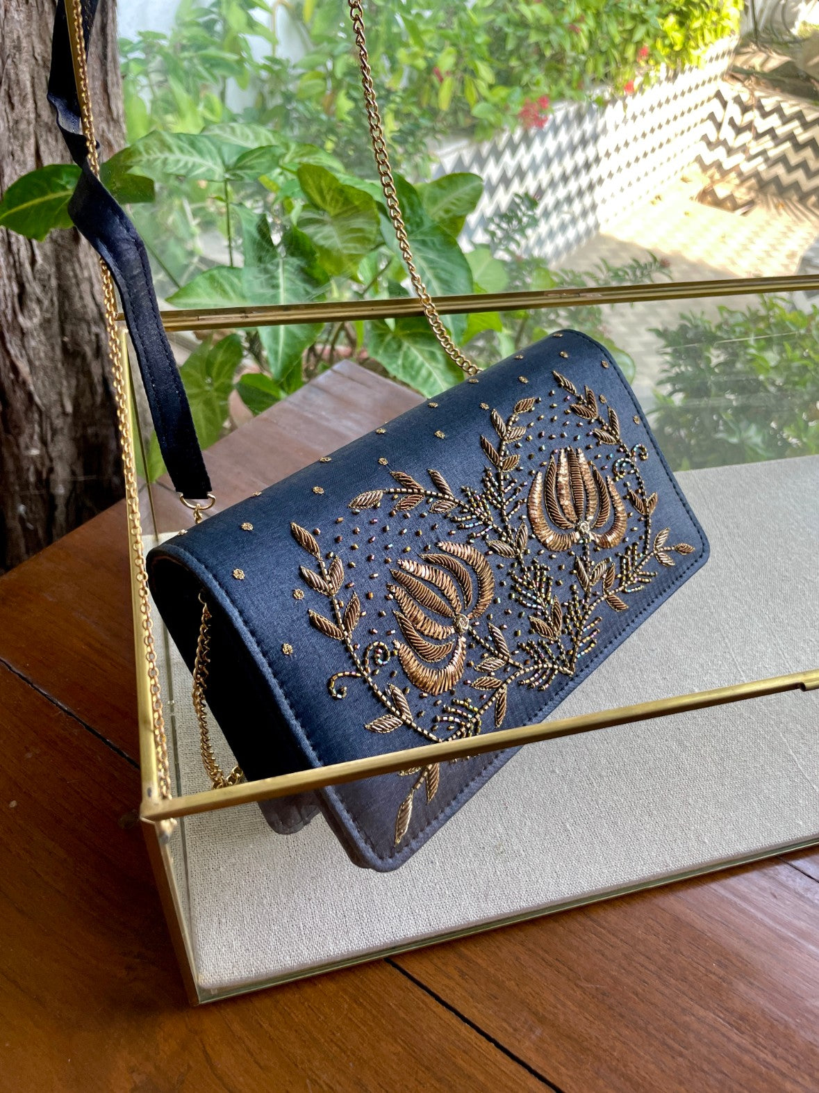 Dark Grey Blue Linen Silk Lotus Motif Resham Thread Emroidery Handle Sling Clutch