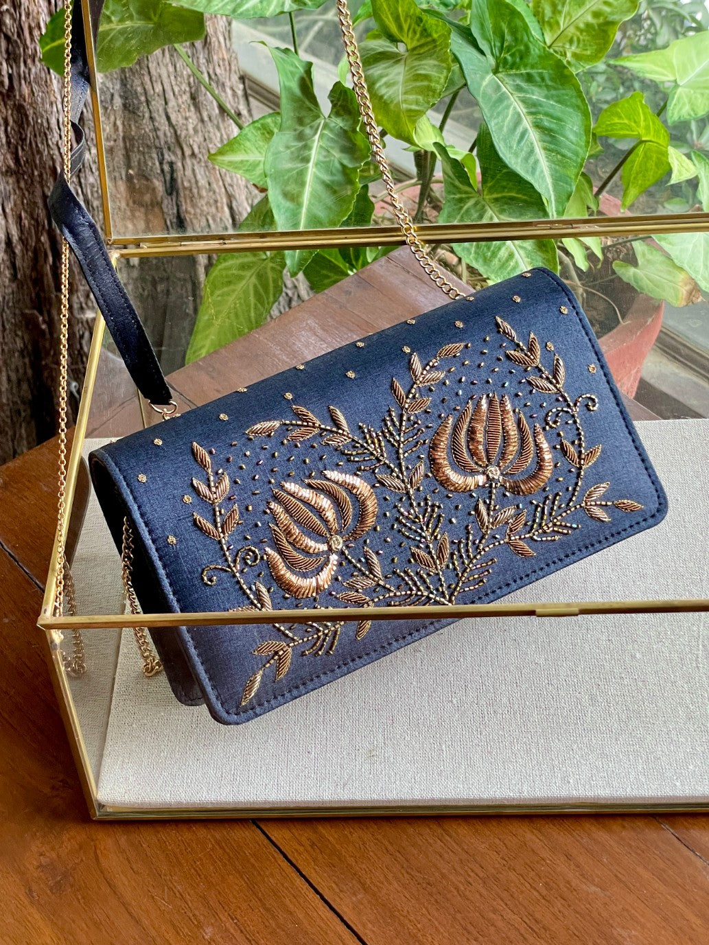 Dark Grey Blue Linen Silk Lotus Motif Resham Thread Emroidery Handle Sling Clutch