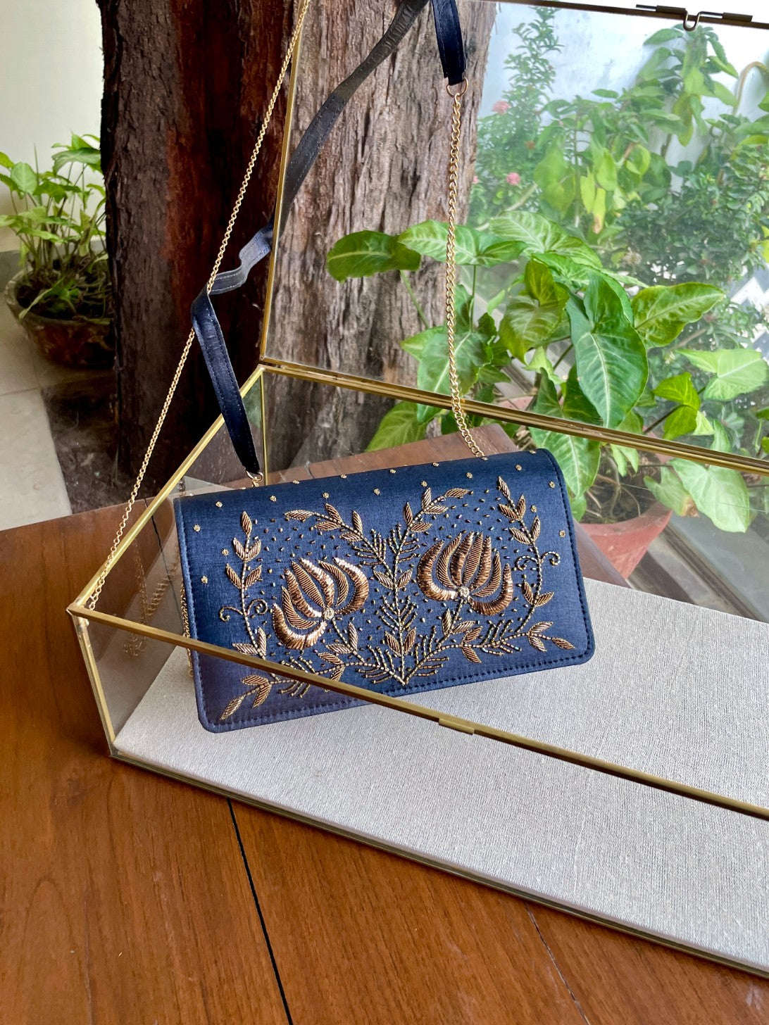 Dark Grey Blue Linen Silk Lotus Motif Resham Thread Emroidery Handle Sling Clutch