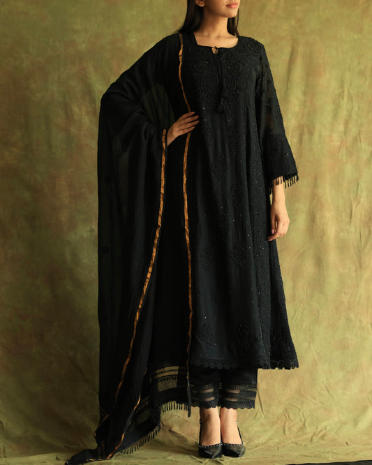 Black Malmal Pearl Work Chikankari A Line Kurta With Dupatta