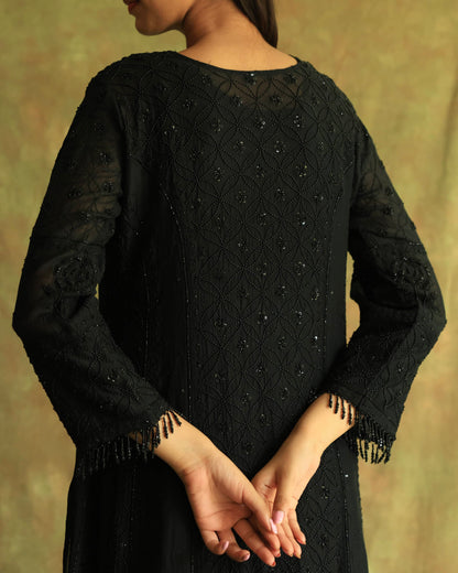 Black Malmal Pearl Work Chikankari A Line Kurta With Dupatta