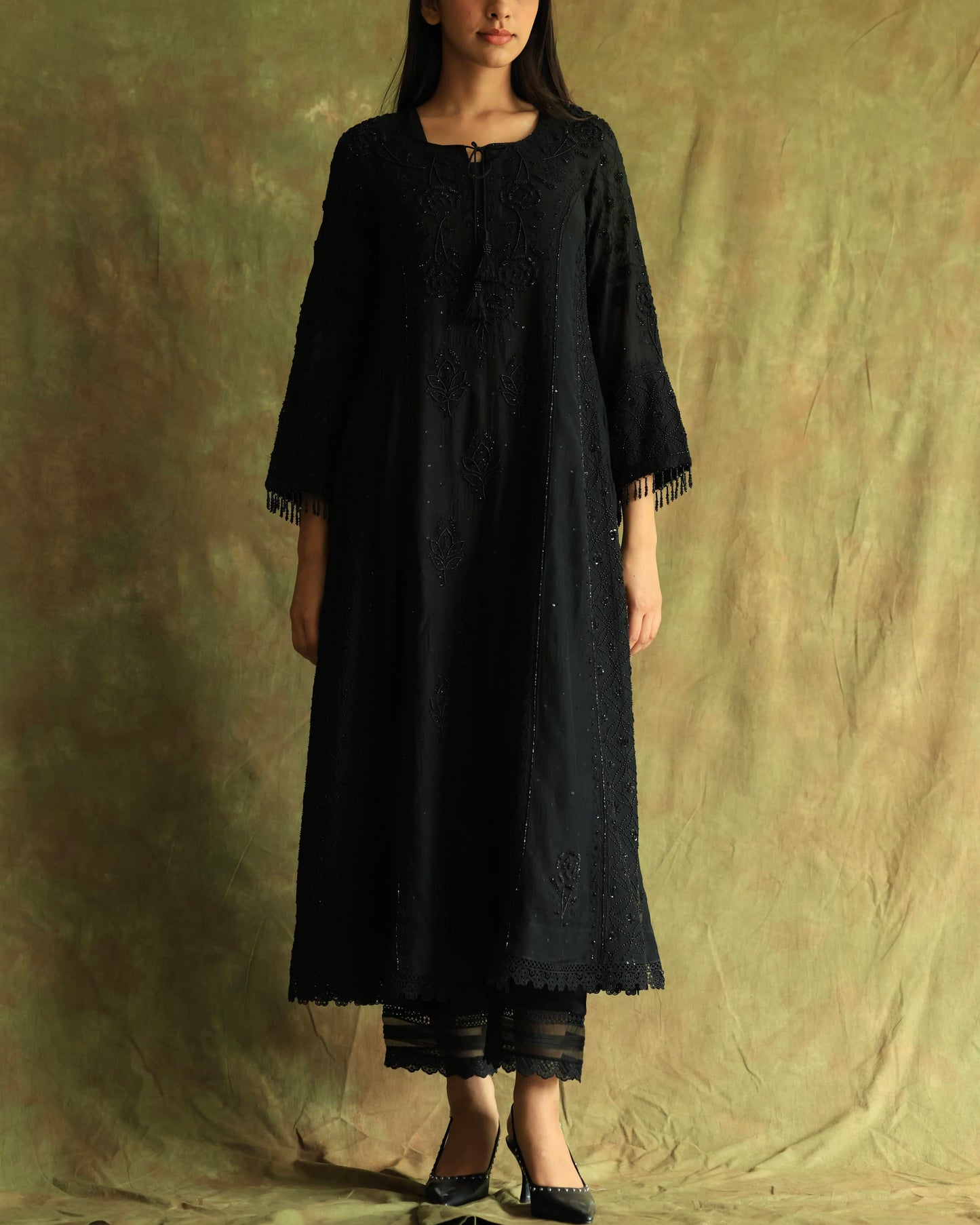 Black Malmal Pearl Work Chikankari A Line Kurta With Dupatta