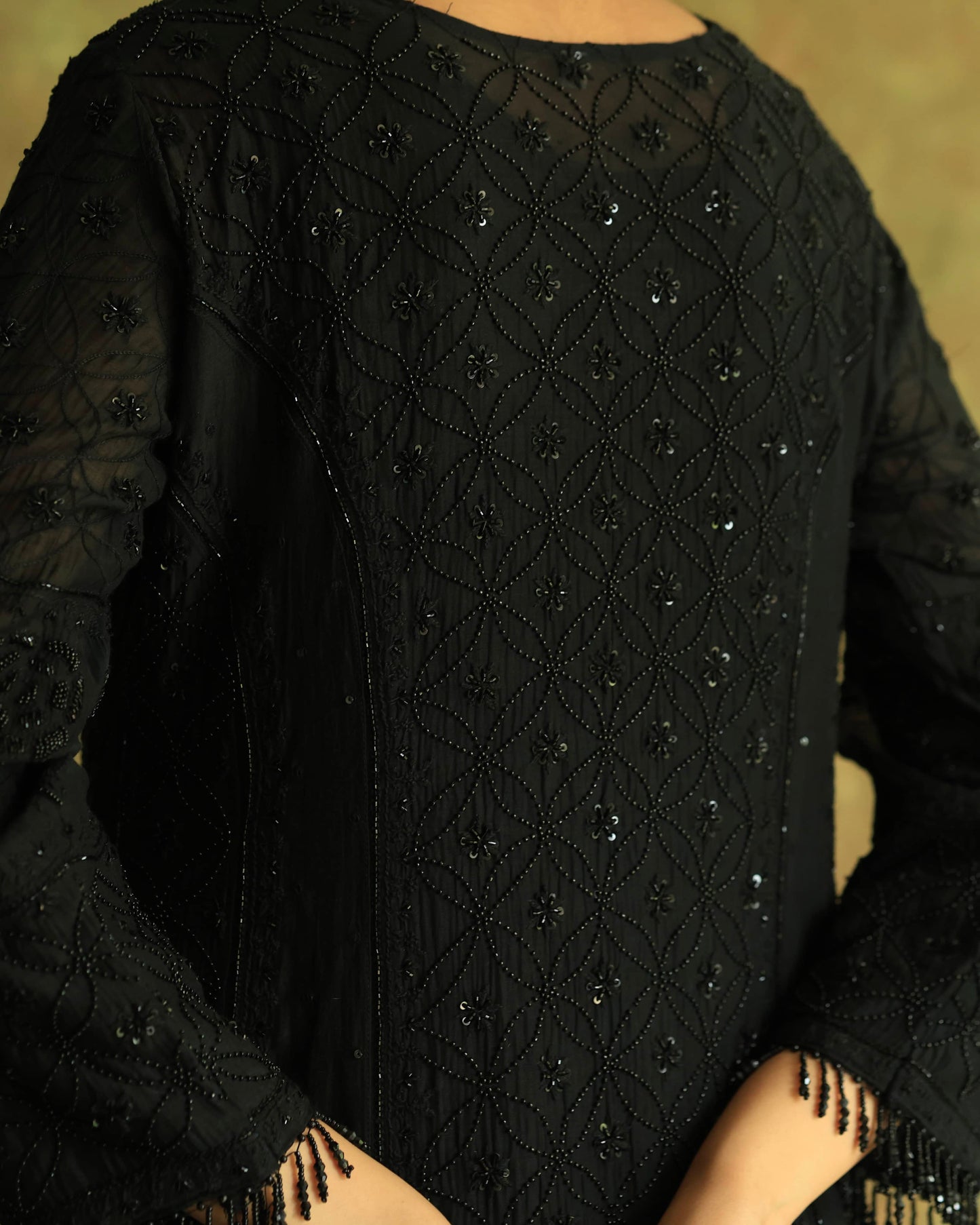 Black Malmal Pearl Work Chikankari A Line Kurta With Dupatta