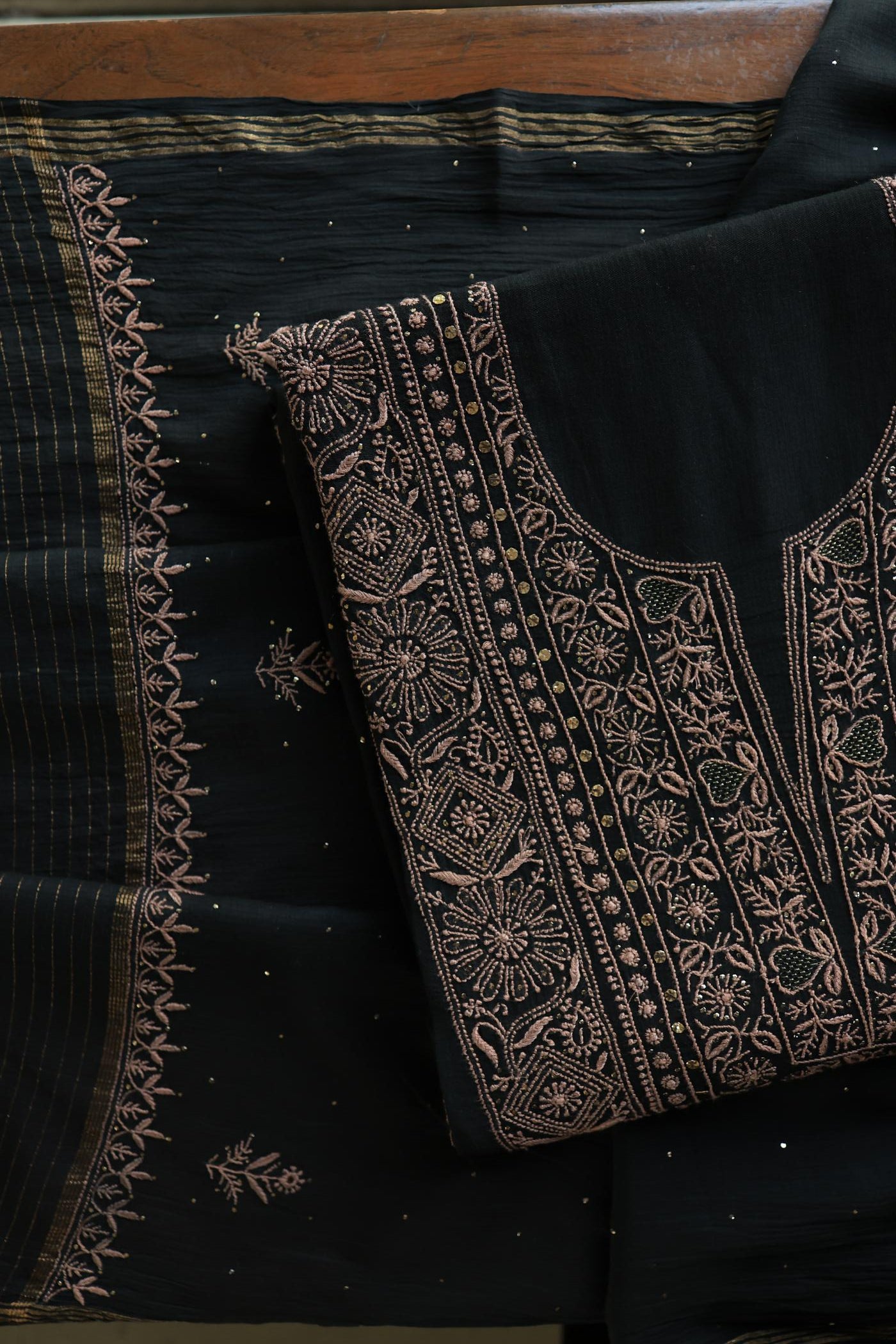 Black Mal Cotton Fine Chikankari With Kamdani Work Unstitched Fabric