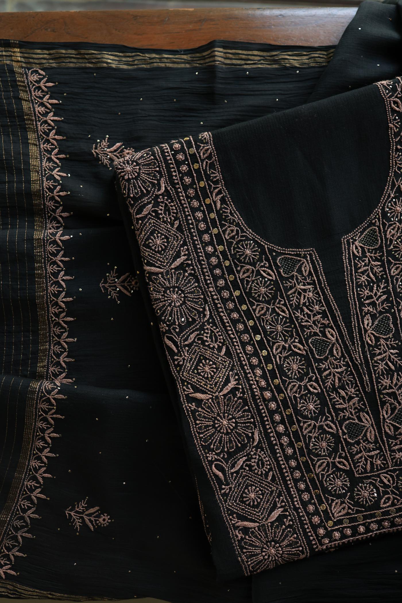 Black Mal Cotton Fine Chikankari With Kamdani Work Unstitched Fabric