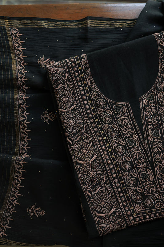 Black Mal Cotton Fine Chikankari With Kamdani Work Unstitched Fabric