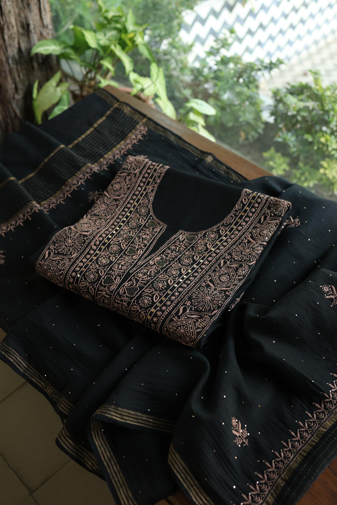 Black Mal Cotton Fine Chikankari With Kamdani Work Unstitched Fabric