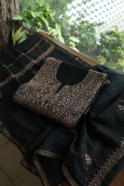 Black Mal Cotton Fine Chikankari With Kamdani Work Unstitched Fabric