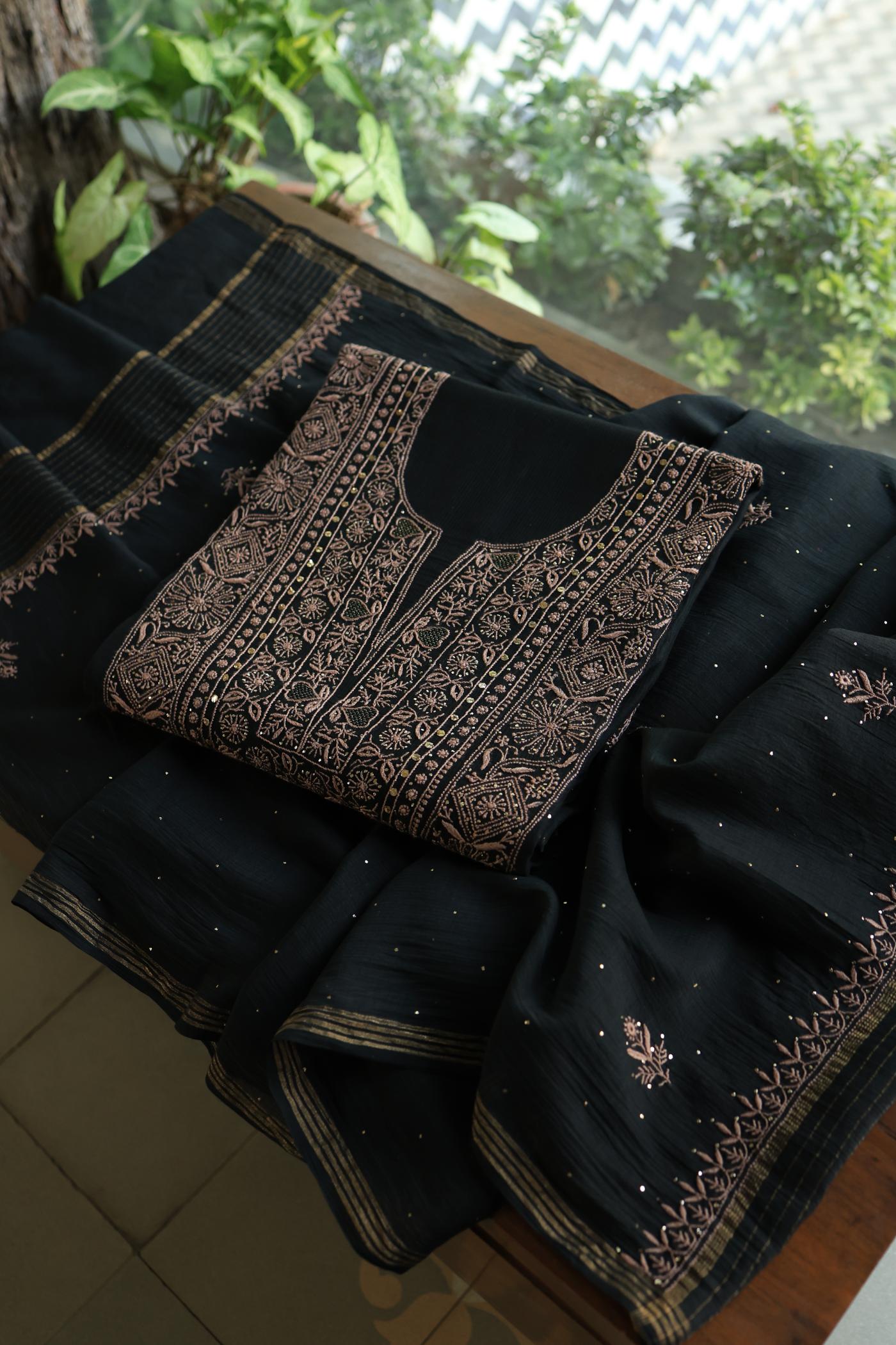Black Mal Cotton Fine Chikankari With Kamdani Work Unstitched Fabric