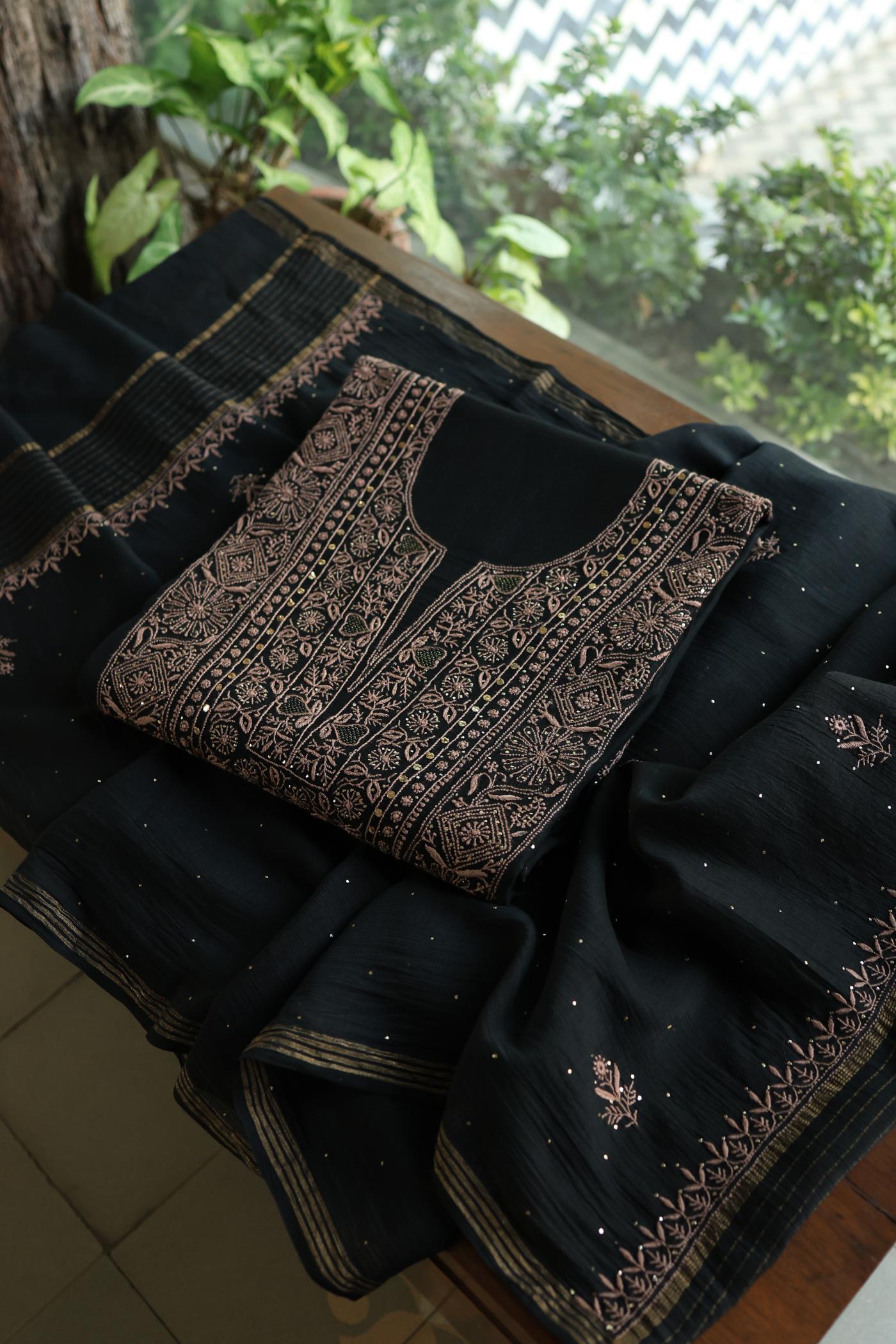 Black Mal Cotton Fine Chikankari With Kamdani Work Unstitched Fabric